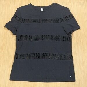 Fabletics Shirt Black‎ Crochet Stripes Athleisure Activewear Women's Medium